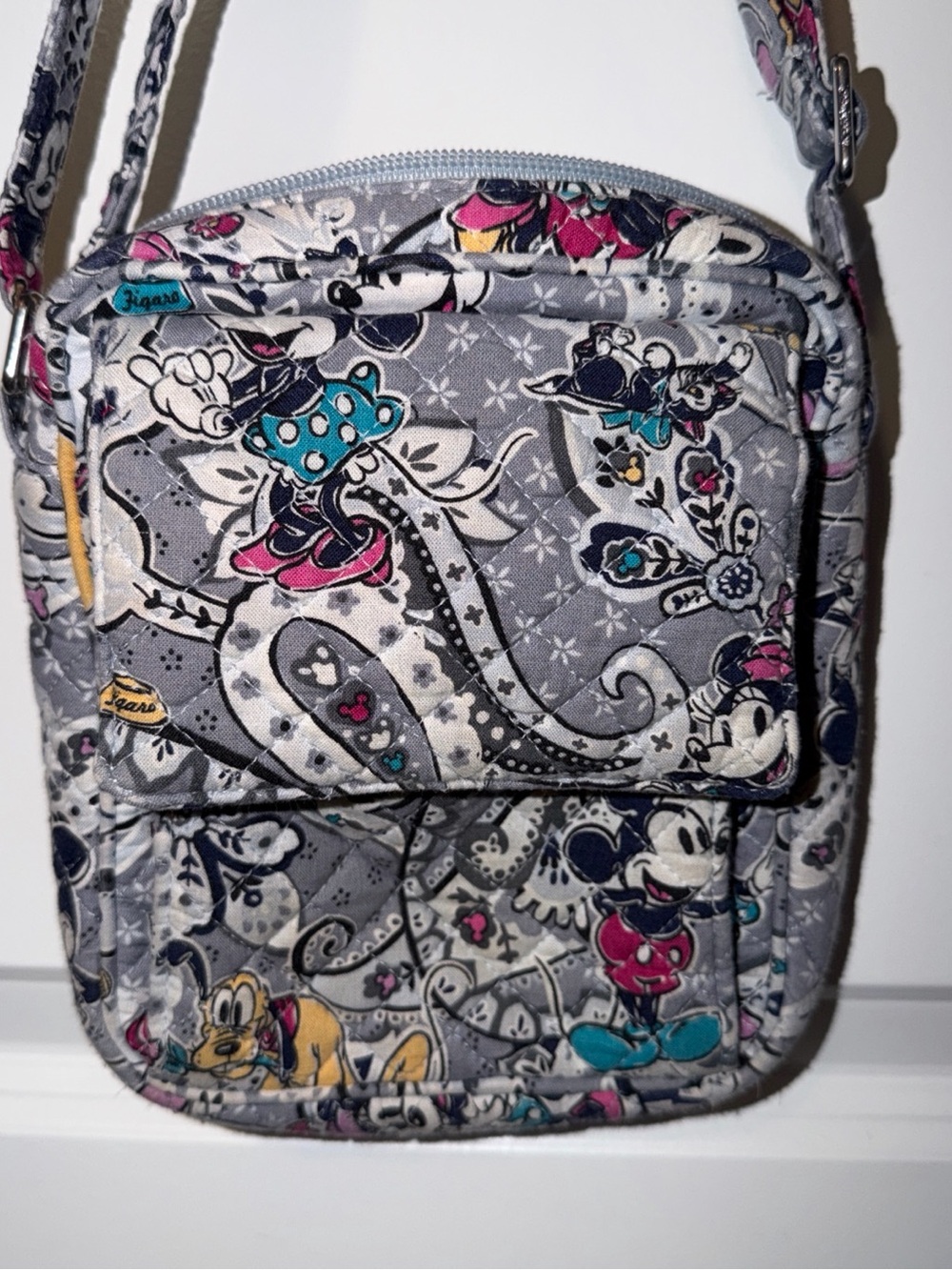 Vera Bradley Gray Minnie & Mickey Quilted Crossbody with Teal and Pink Accents